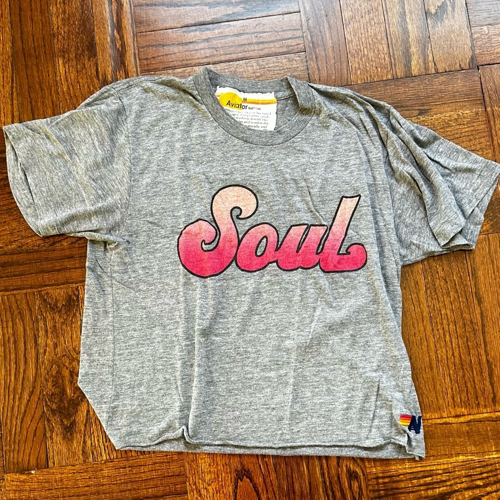 SoulCycle x Aviator Nation grey and pink ombre logo tee